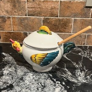 Italian Handpainted Rooster Soup Tureen with Ladle